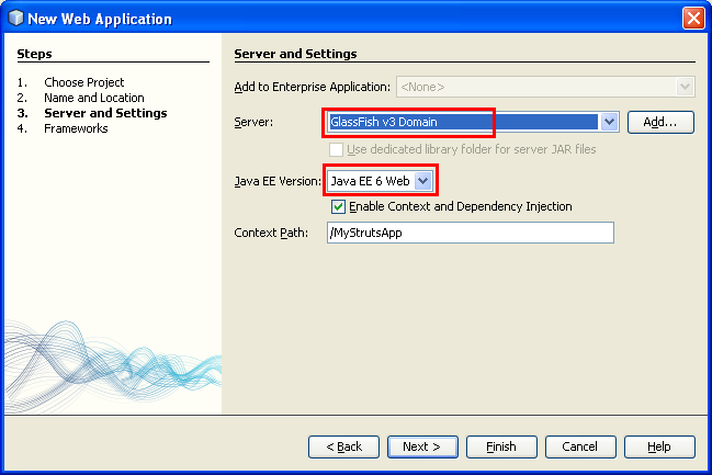 NetBeans new web application web server selection and Java EE version