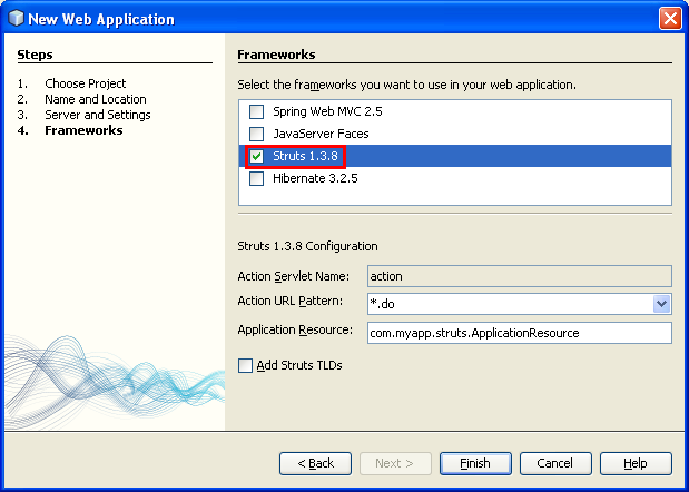 NetBeans new web application - Struts framework selection