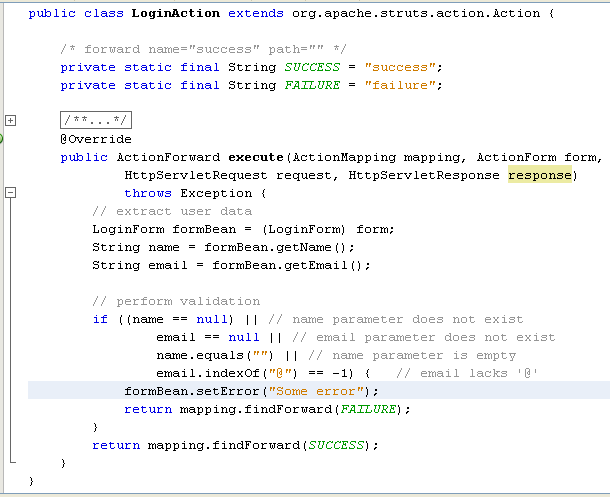 NetBeans with struts framework project - the edited loginaction source code