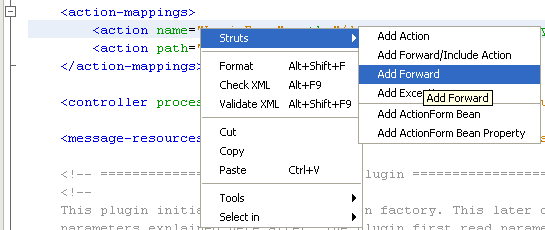 NetBeans with struts framework project - adding Forward to the ActionForm