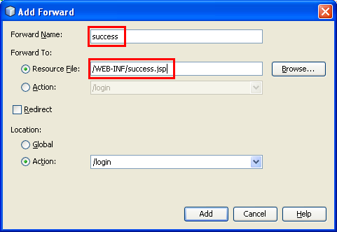 NetBeans with struts framework project - completing the Forward information