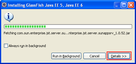 Eclipse - the GlassFish Java EE 5 and 6 web server installation begins