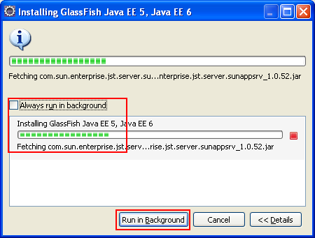 Eclipse - the GlassFish web server installation can be suppressed to be done at the background
