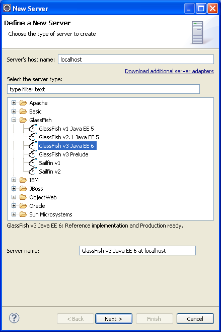 Eclipse - GlassFish web servers are visible in the New Server page that are ready to be used