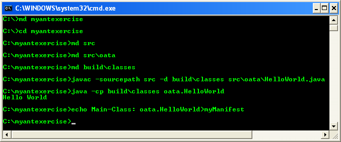 Creating manifest file using echo Main-Class: oata.HelloWorld>myManifest command