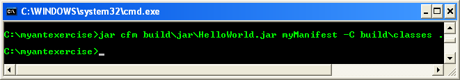 Creating the JAR file using jar cfm build\jar\HelloWorld.jar myManifest -C build\classes . command. Notice the period at the end of the statement