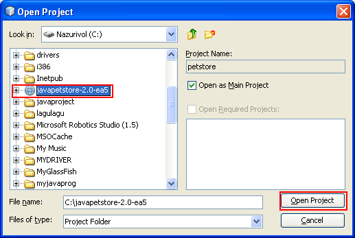 Selecting the java pet store project folder
