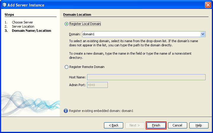 Selecting the domain for the GlassFish web server