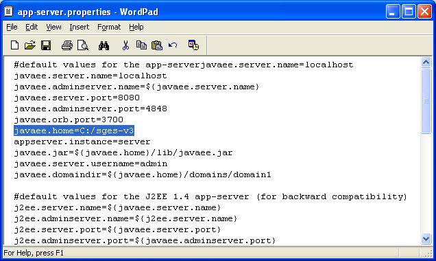 The app-server.properties file content with edited new web server path
