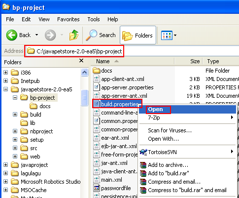 Opening the build.properties file