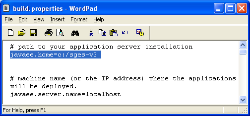 Editing the build.properties file content for the GlassFish web server path