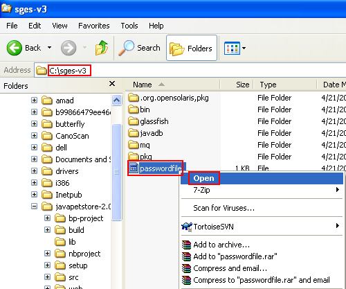Opening the passwordfile of the GlassFish web server