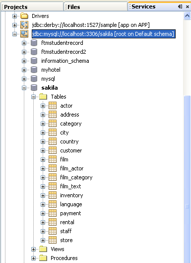 The sakila database has been connected