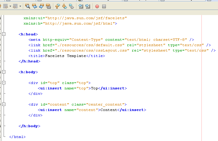 The file template.xhtml opens and viewed in the editor