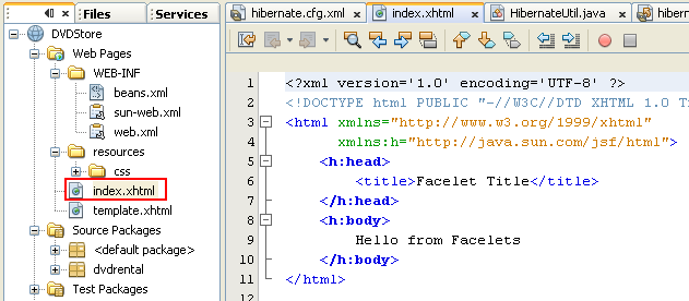 The New Project wizard generated default index.xhtml page