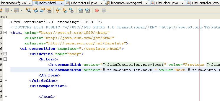 Adding the navigation links that call the previous and next methods in the JSF managed bean