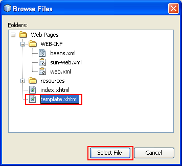 Selecting the template.xhtml file