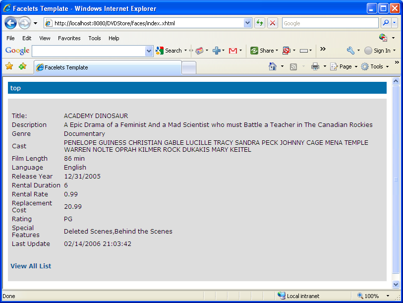 Clicking the View to load browse.xhtml to view the film details