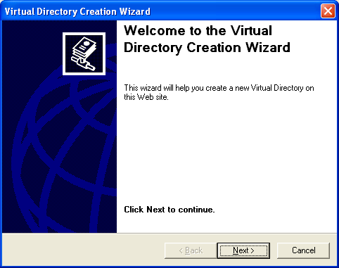 IIS virtual directory creation wizard welcome page