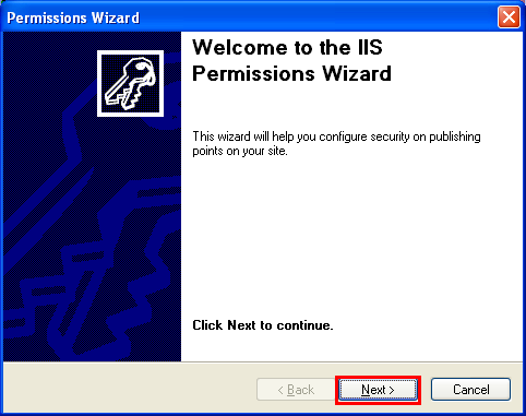 The IIS permission wizard welcome page