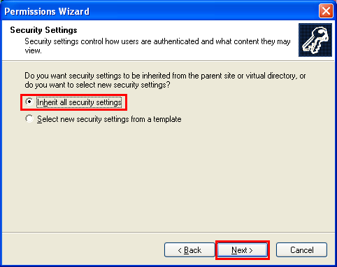 The IIS permission wizard setting - inheriting all the parent security settings