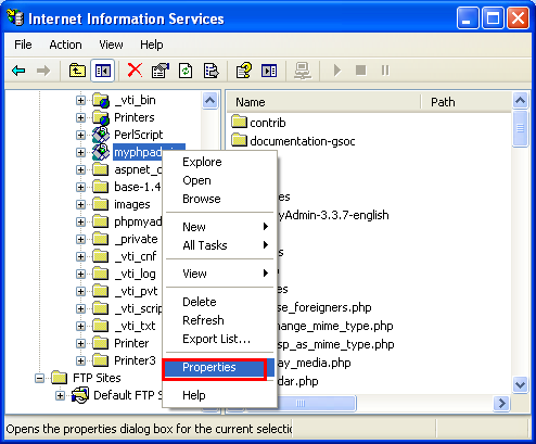 Invoking the IIS virtual directory properties page