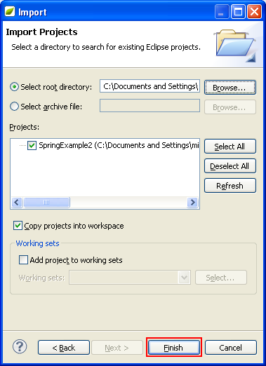 Eclipse and MyEclipse IDE: Finishing the importing project into the current workspace
