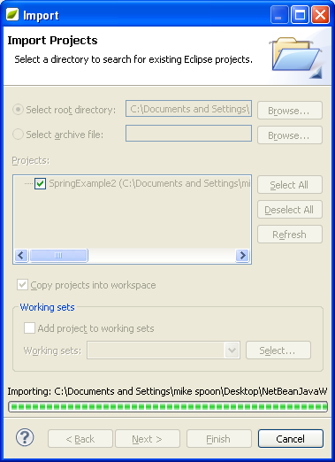Eclipse and MyEclipse IDE: Importing the existing project into current workspace is in progress