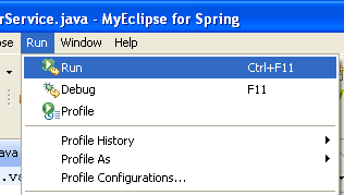 Eclipse and MyEclipse IDE: Invoking the Run menu to run the project