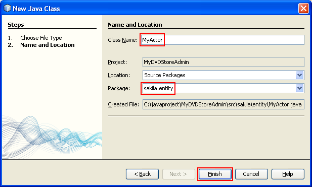 Giving a name and package for the new Java class that to be added to the existing project
