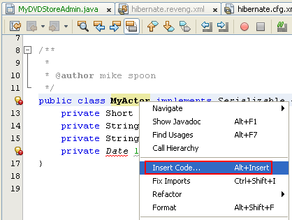 Invoking the Insert Code context menu from the source code editor