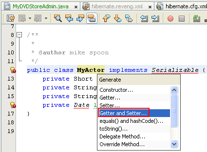 Selecting the Getter() and Setter() methods to be inserted to the source code