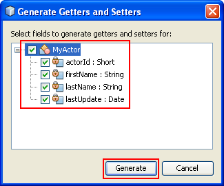 Selecting fields for the Getter() and Setter() methods to be added to the source codes