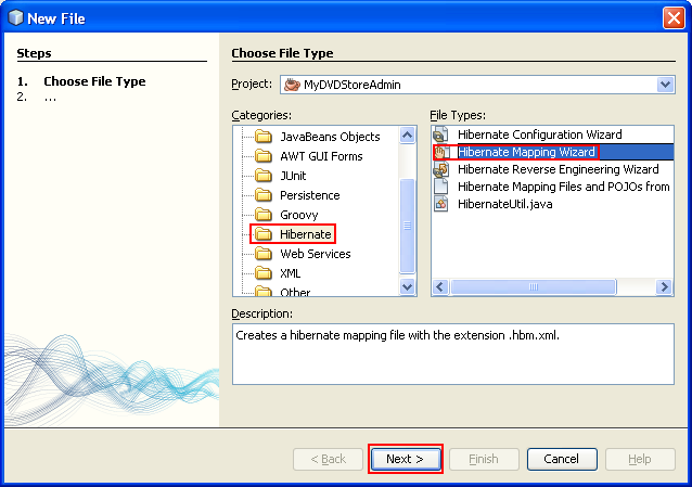 Selecting the Hibernate Mapping Wizard in the Hibernate category