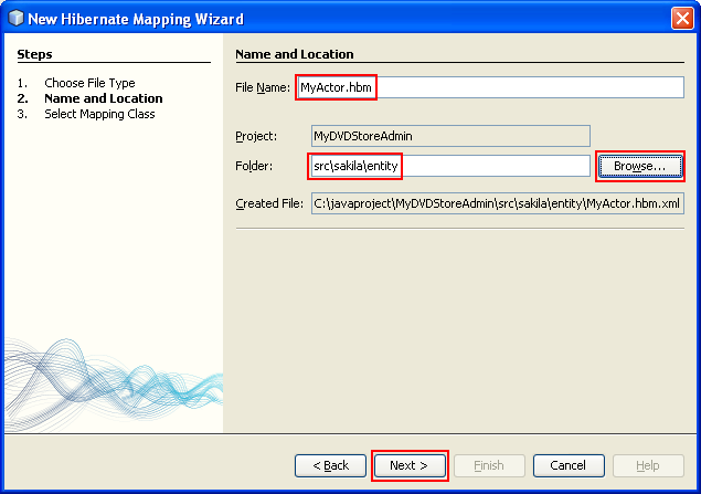 Assigning the Hibernate Mapping file name and the folder location