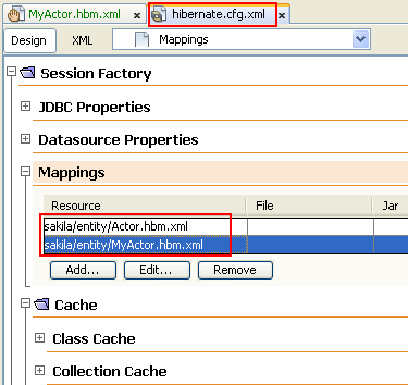 The added entry for the mapping resource (MyActor.hbm.xml) to hibernate.cfg.xml file