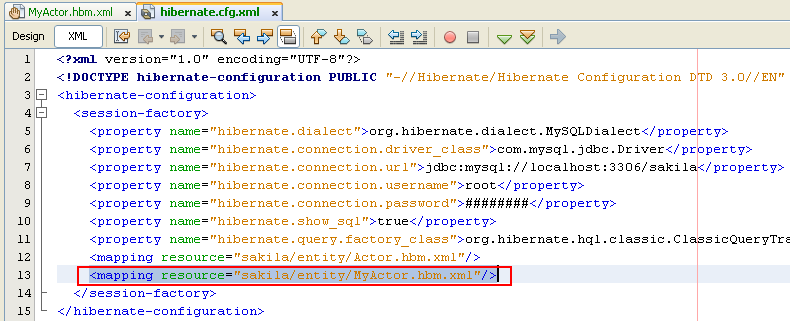 The added entry in hibernate.cfg.xml file