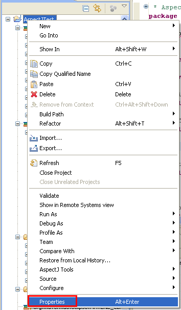 Java, Aspect Oriented Programming, Aspectj and Eclipse - invoking the project properties page in Eclipse