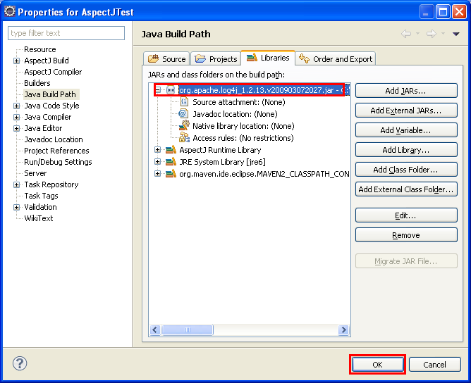 Java, Aspect Oriented Programming, Aspectj and Eclipse - the new added JAR file is visible in the Eclipse Libraries page