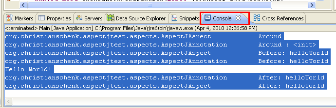 Java, Aspect Oriented Programming, Aspectj and Eclipse - a sample project output seen in the Eclipse output window