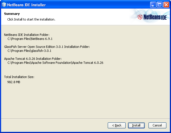 NetBeans IDE Installer: NetBeans installation summary