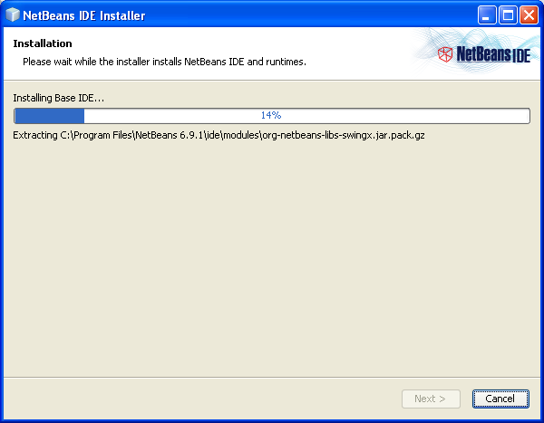 NetBeans IDE Installer: NetBeans base IDE installation begins