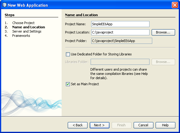 NetBeans IDE: selecting the Java web application project name and location
