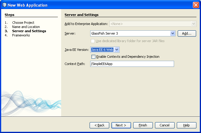 NetBeans IDE: selecting the Java web application project GlassFish web server settings