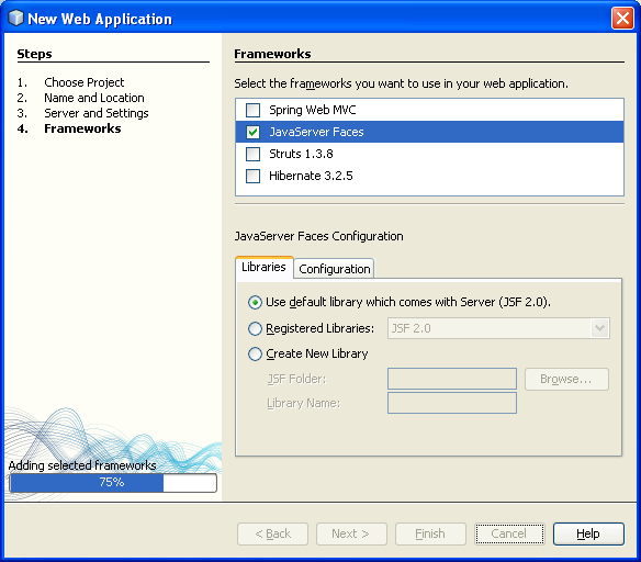 NetBeans IDE: selecting the Java web application project Java Server Faces (JSF) framework