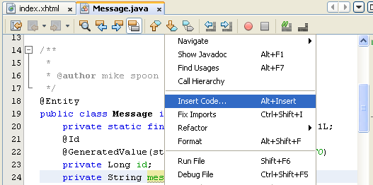 NetBeans IDE: selecting the Java web application project, invoking the Insert Code context menu