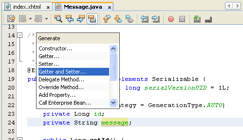 NetBeans IDE: selecting the Java web application project, selecting Getter and Setter methods