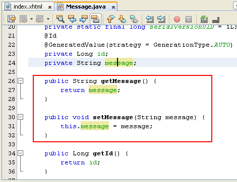 NetBeans IDE: selecting the Java web application project,the Getter and Setter methods