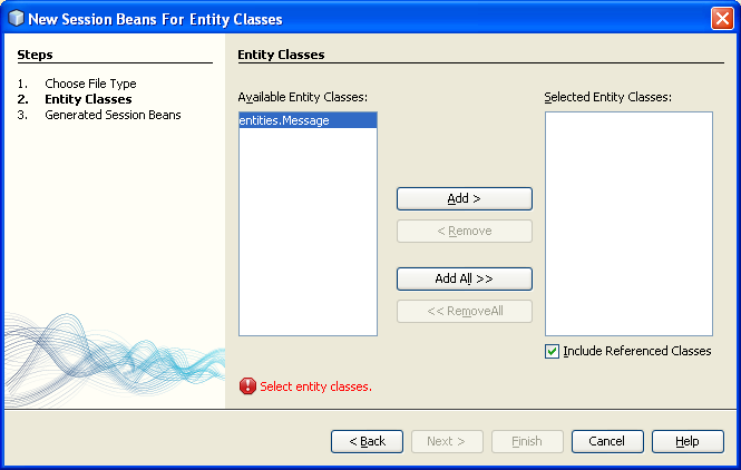 NetBeans IDE: selecting the Java web application project, selecting the available entity class