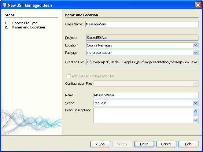 NetBeans IDE: selecting the Java web application project, setting the JSF managed bean files name and location